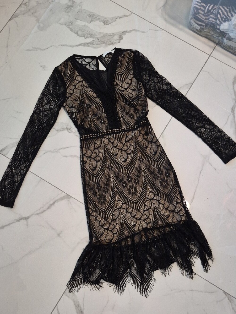 Astr Black Lace Long Sleeve Bodycon Dress with Nude Lining